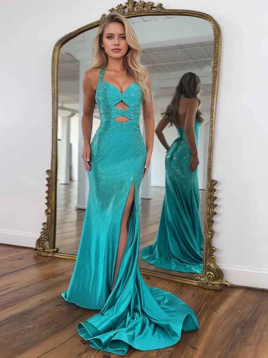 Turquoise Sequin Mermaid Prom Dress Keyhole Halter Beaded Slit