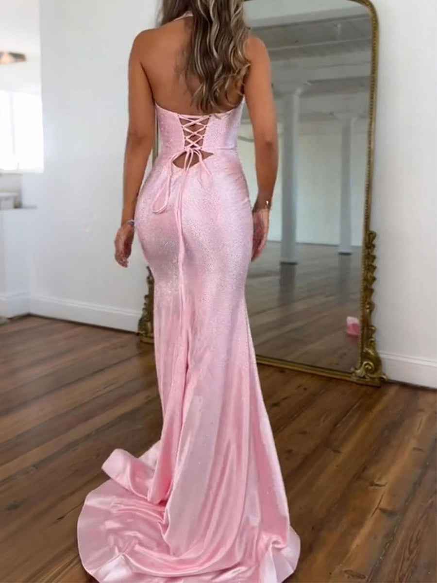 Turquoise Sequin Mermaid Prom Dress Keyhole Halter Beaded Slit