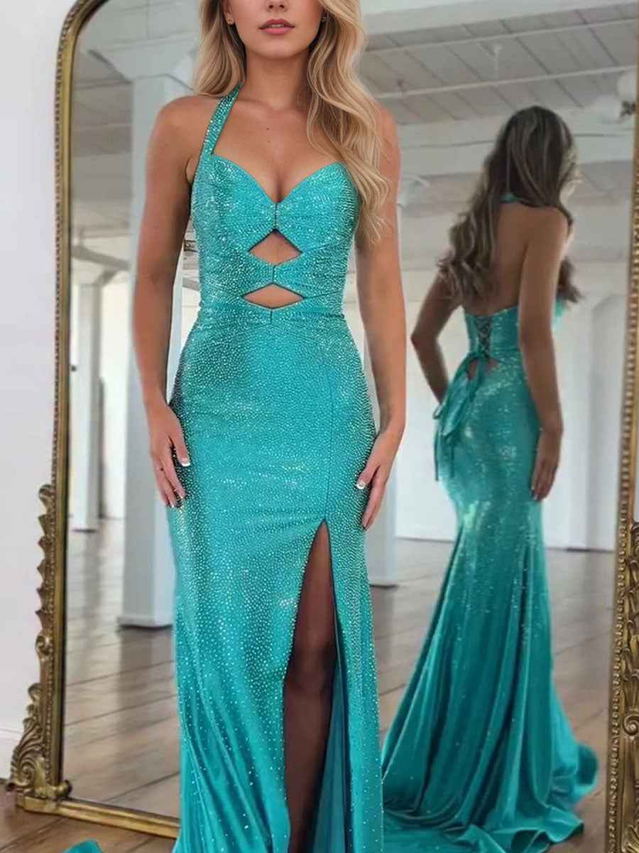 Turquoise Sequin Mermaid Prom Dress Keyhole Halter Beaded Slit