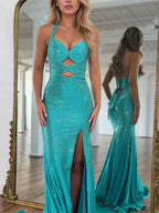 Turquoise Sequin Mermaid Prom Dress Keyhole Halter Beaded Slit