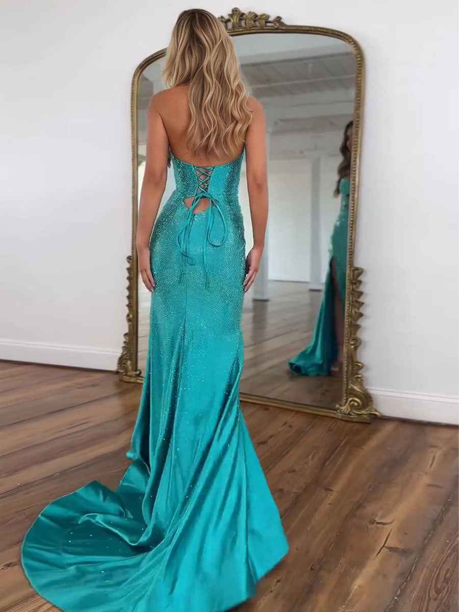 Turquoise Sequin Mermaid Prom Dress Keyhole Halter Beaded Slit