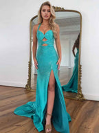 Turquoise Sequin Mermaid Prom Dress Keyhole Halter Beaded Slit