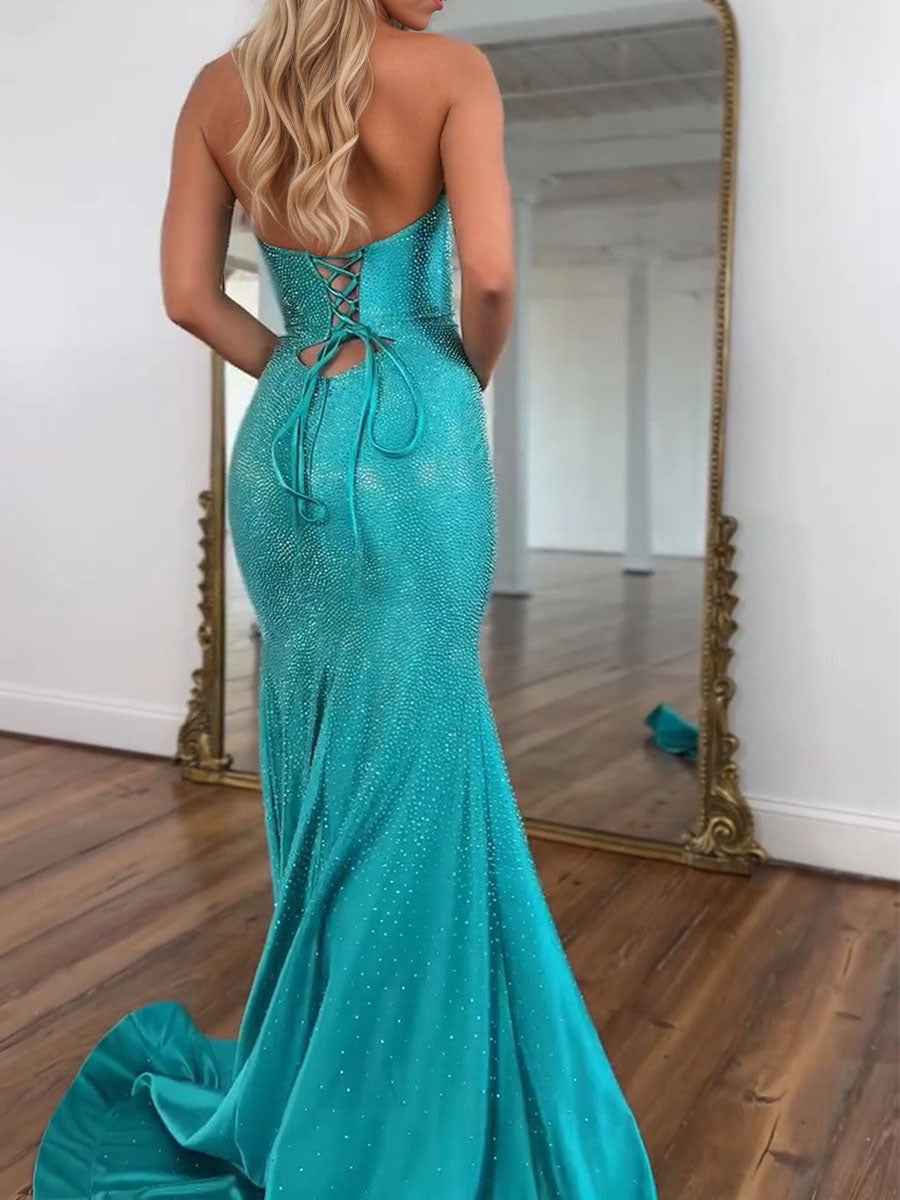 Turquoise Sequin Mermaid Prom Dress Keyhole Halter Beaded Slit