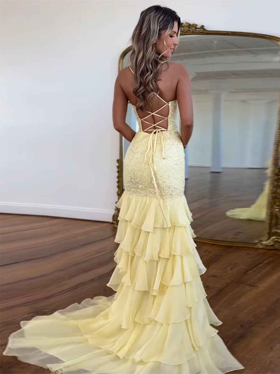 Red Mermaid Prom Dress With Lace Bodice Spaghetti Straps And Ruffle Skirt
