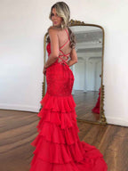 Red Mermaid Prom Dress With Lace Bodice Spaghetti Straps And Ruffle Skirt