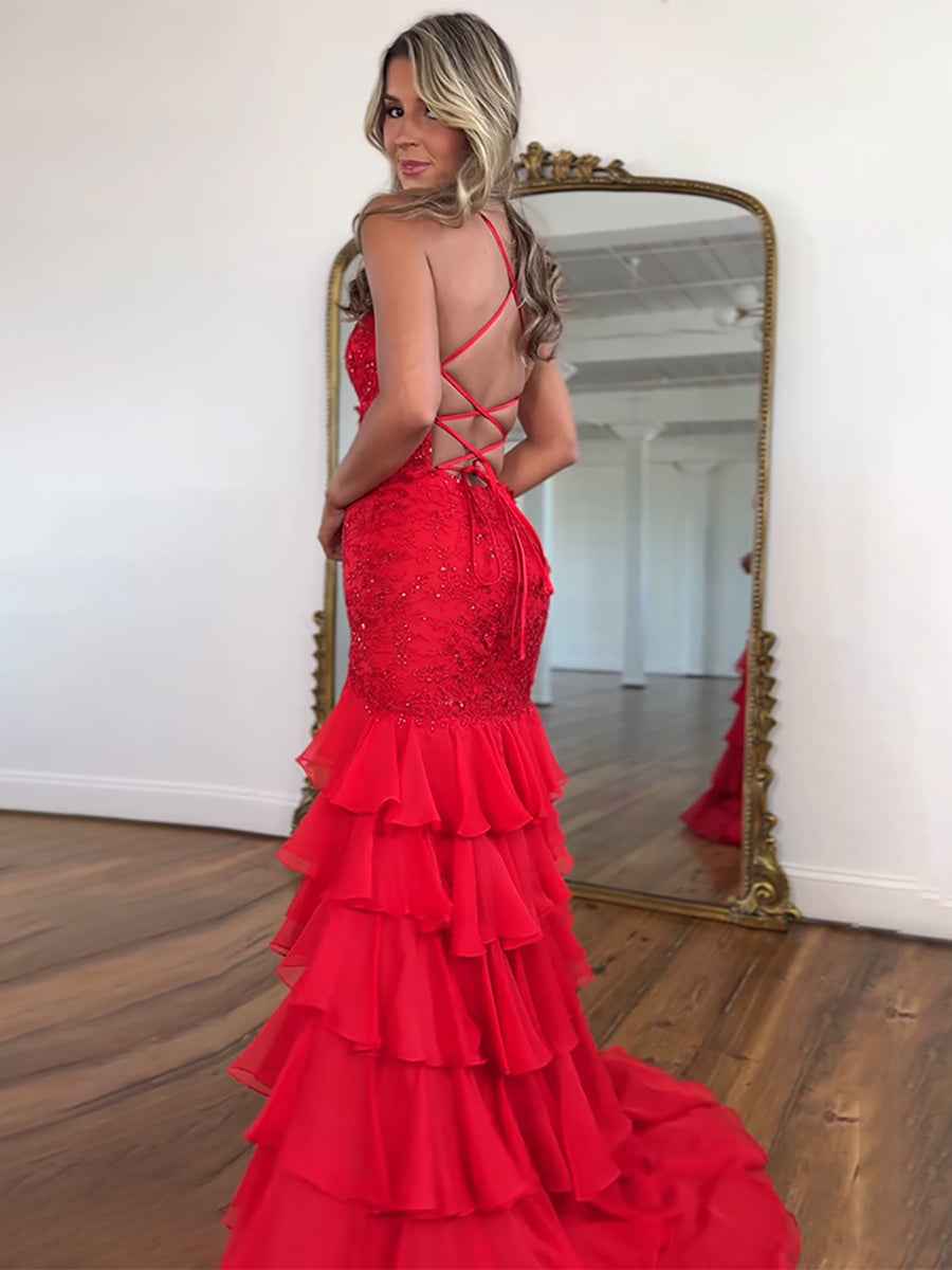 Red Mermaid Prom Dress With Lace Bodice Spaghetti Straps And Ruffle Skirt