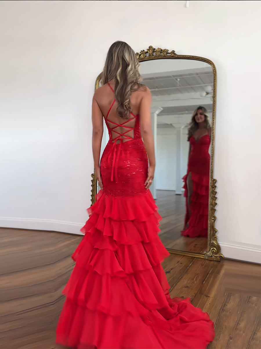 Red Mermaid Prom Dress With Lace Bodice Spaghetti Straps And Ruffle Skirt
