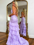 Red Mermaid Prom Dress With Lace Bodice Spaghetti Straps And Ruffle Skirt