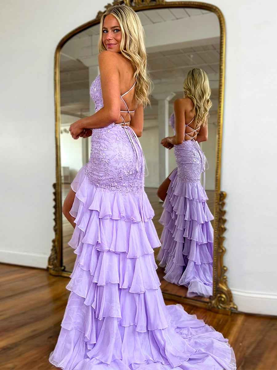 Red Mermaid Prom Dress With Lace Bodice Spaghetti Straps And Ruffle Skirt