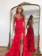 Red Mermaid Prom Dress With Lace Bodice Spaghetti Straps And Ruffle Skirt