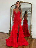 Red Mermaid Prom Dress With Lace Bodice Spaghetti Straps And Ruffle Skirt
