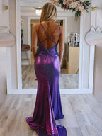 Sparkly Purple Mermaid Prom Dress With Metallic Satin V Neck And Rhinestones