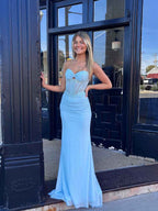 Ice Queen Light Blue Strapless Sheer Beaded Corset Prom Dress