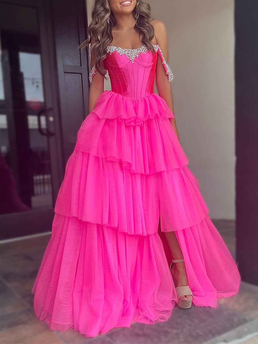 Hot Pink Sparkly Off Shoulder Corset A-Line Prom Dress With Slit