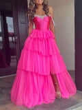 Hot Pink Sparkly Off Shoulder Corset A-Line Prom Dress With Slit