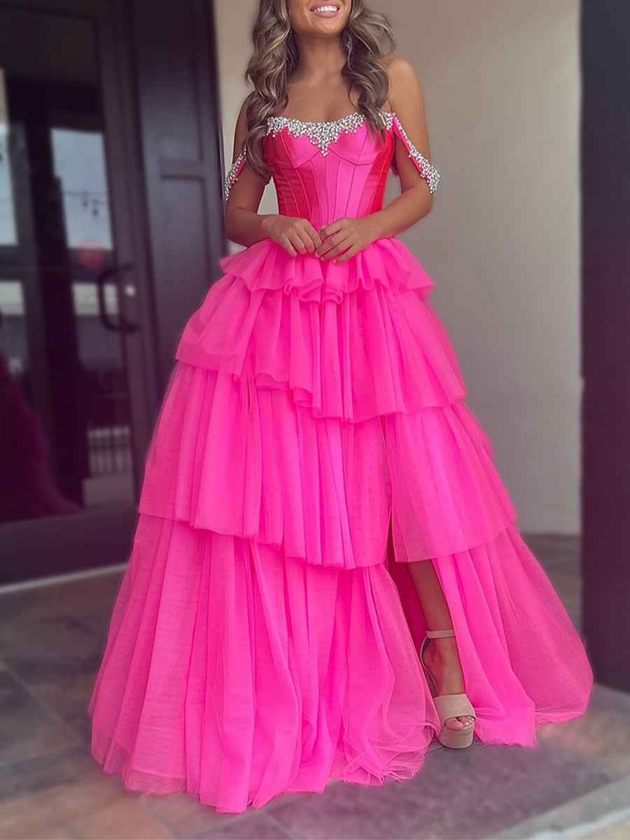Hot Pink Sparkly Off Shoulder Corset A-Line Prom Dress With Slit