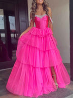 Hot Pink Sparkly Off Shoulder Corset A-Line Prom Dress With Slit