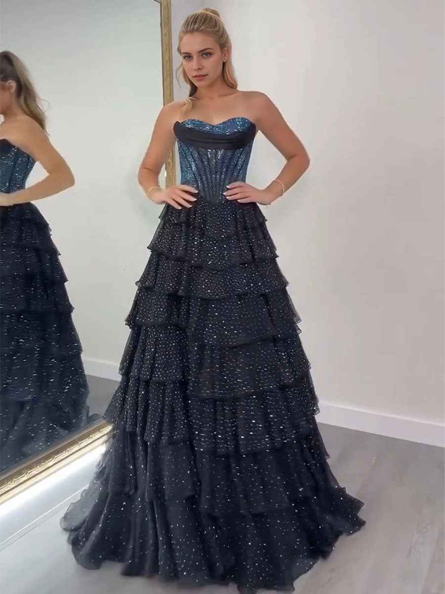 Blue Black Two Tone Beaded A Line Chiffon Sweetheart Prom Dress With Slit