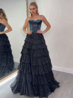 Blue Black Two Tone Beaded A Line Chiffon Sweetheart Prom Dress With Slit