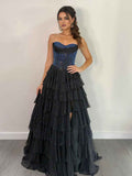 Blue Black Two Tone Beaded A Line Chiffon Sweetheart Prom Dress With Slit