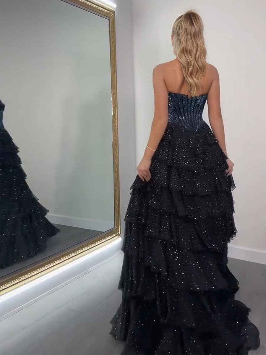 Blue Black Two Tone Beaded A Line Chiffon Sweetheart Prom Dress With Slit