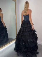 Blue Black Two Tone Beaded A Line Chiffon Sweetheart Prom Dress With Slit