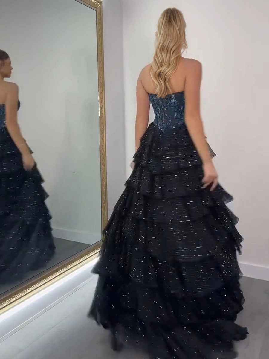 Blue Black Two Tone Beaded A Line Chiffon Sweetheart Prom Dress With Slit