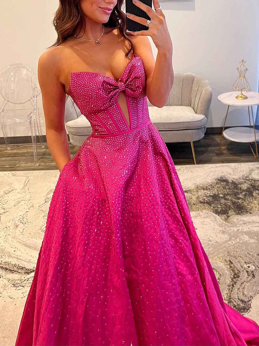 Sparkly Beaded Strapless Long White Corset Prom Dress With Bow