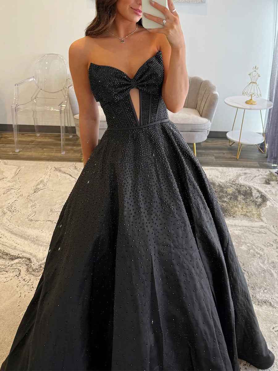 Sparkly Beaded Strapless Long White Corset Prom Dress With Bow