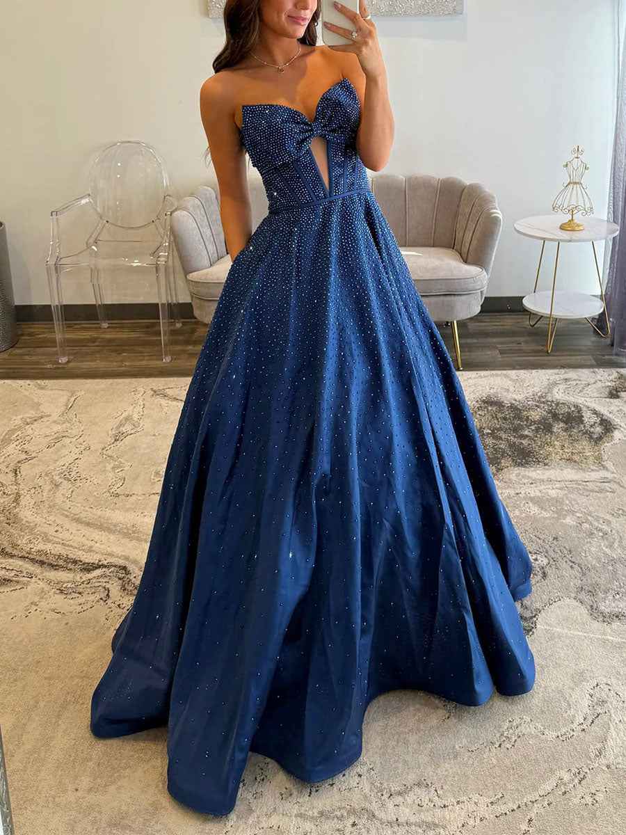 Sparkly Beaded Strapless Long White Corset Prom Dress With Bow