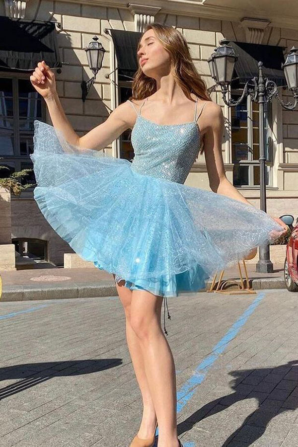 Sparkly Blue A-line Spaghetti Straps Homecoming Dress, Short Prom Dresses