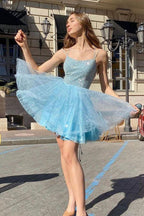 Sparkly Blue A-line Spaghetti Straps Homecoming Dress, Short Prom Dresses