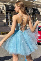 Sparkly Blue A-line Spaghetti Straps Homecoming Dress, Short Prom Dresses