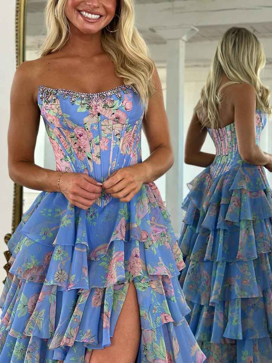 Turquoise Sparkly Floral Corset Prom Dress With Ruffles And Slit