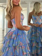 Turquoise Sparkly Floral Corset Prom Dress With Ruffles And Slit