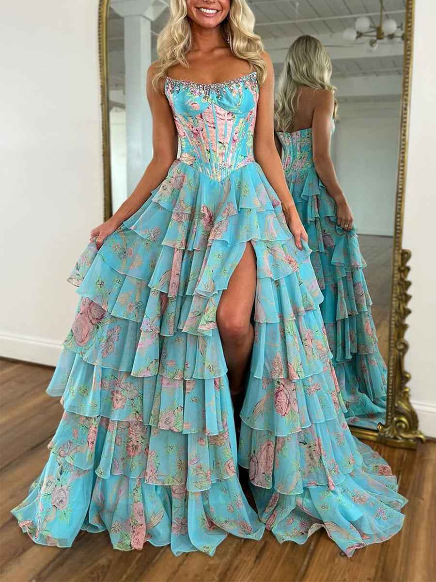 Turquoise Sparkly Floral Corset Prom Dress With Ruffles And Slit