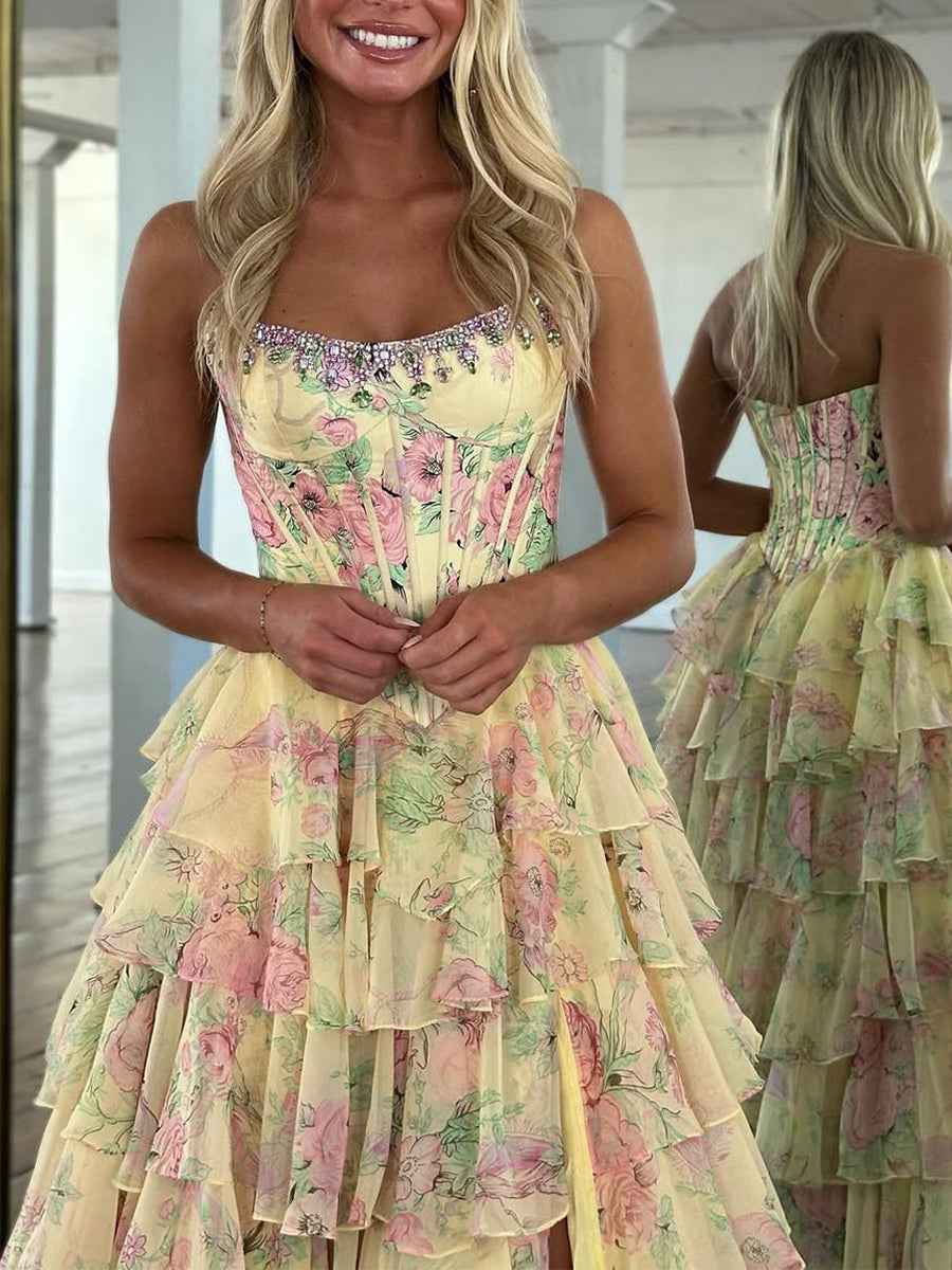 Turquoise Sparkly Floral Corset Prom Dress With Ruffles And Slit