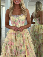 Turquoise Sparkly Floral Corset Prom Dress With Ruffles And Slit