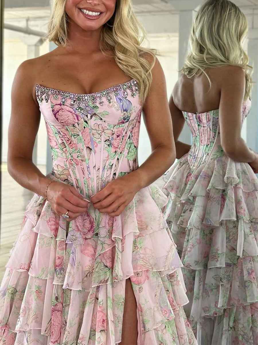 Turquoise Sparkly Floral Corset Prom Dress With Ruffles And Slit