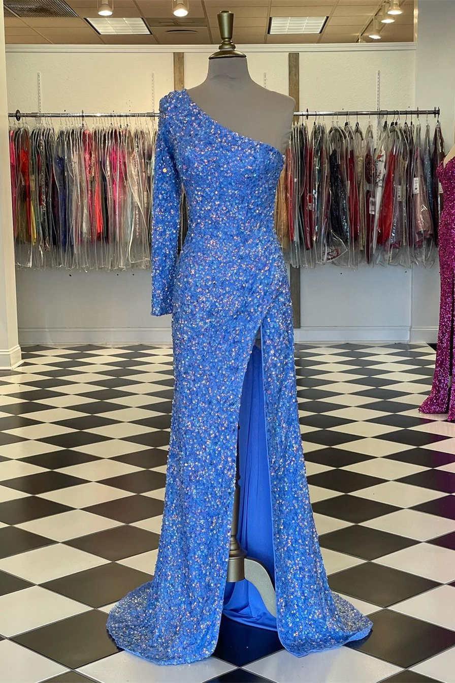 Abito da sera lungo a maniche lunghe con paillettes blu scintillanti SYP101