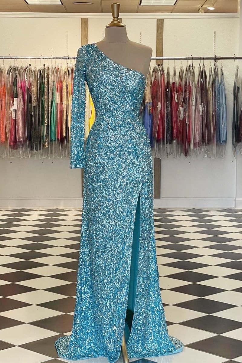 Abito da sera lungo a maniche lunghe con paillettes blu scintillanti SYP101
