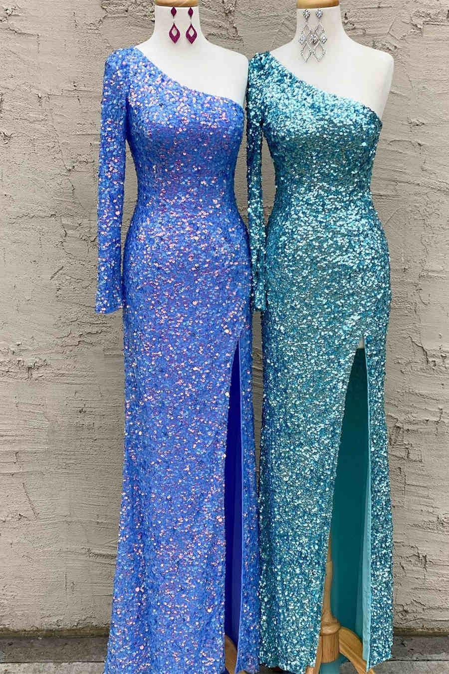 Abito da sera lungo a maniche lunghe con paillettes blu scintillanti SYP101