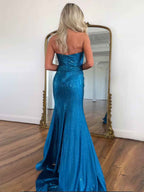 Royal Blue Sparkly Sweetheart Mermaid Beaded Keyhole Prom Dress Slit