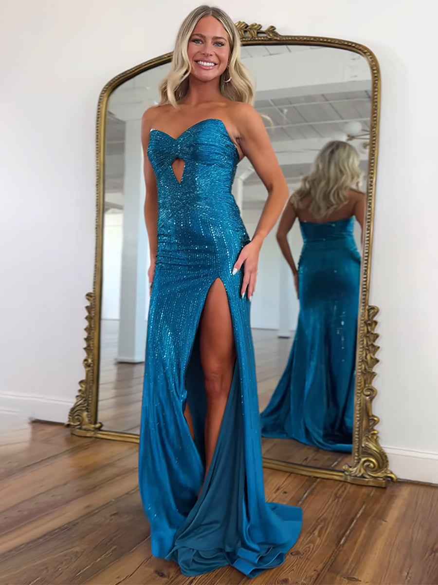 Royal Blue Sparkly Sweetheart Mermaid Beaded Keyhole Prom Dress Slit