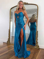 Royal Blue Sparkly Sweetheart Mermaid Beaded Keyhole Prom Dress Slit