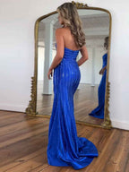 Royal Blue Sparkly Sweetheart Mermaid Beaded Keyhole Prom Dress Slit