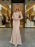 Sparkly Champagne Mermaid Off Shoulder Corset Long Prom Dress