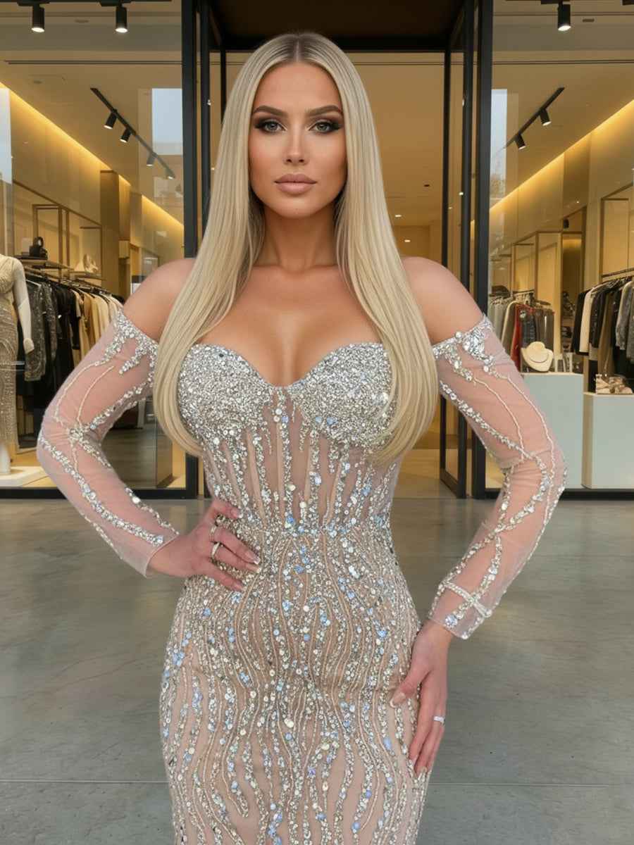 Sparkly Champagne Mermaid Off Shoulder Corset Long Prom Dress