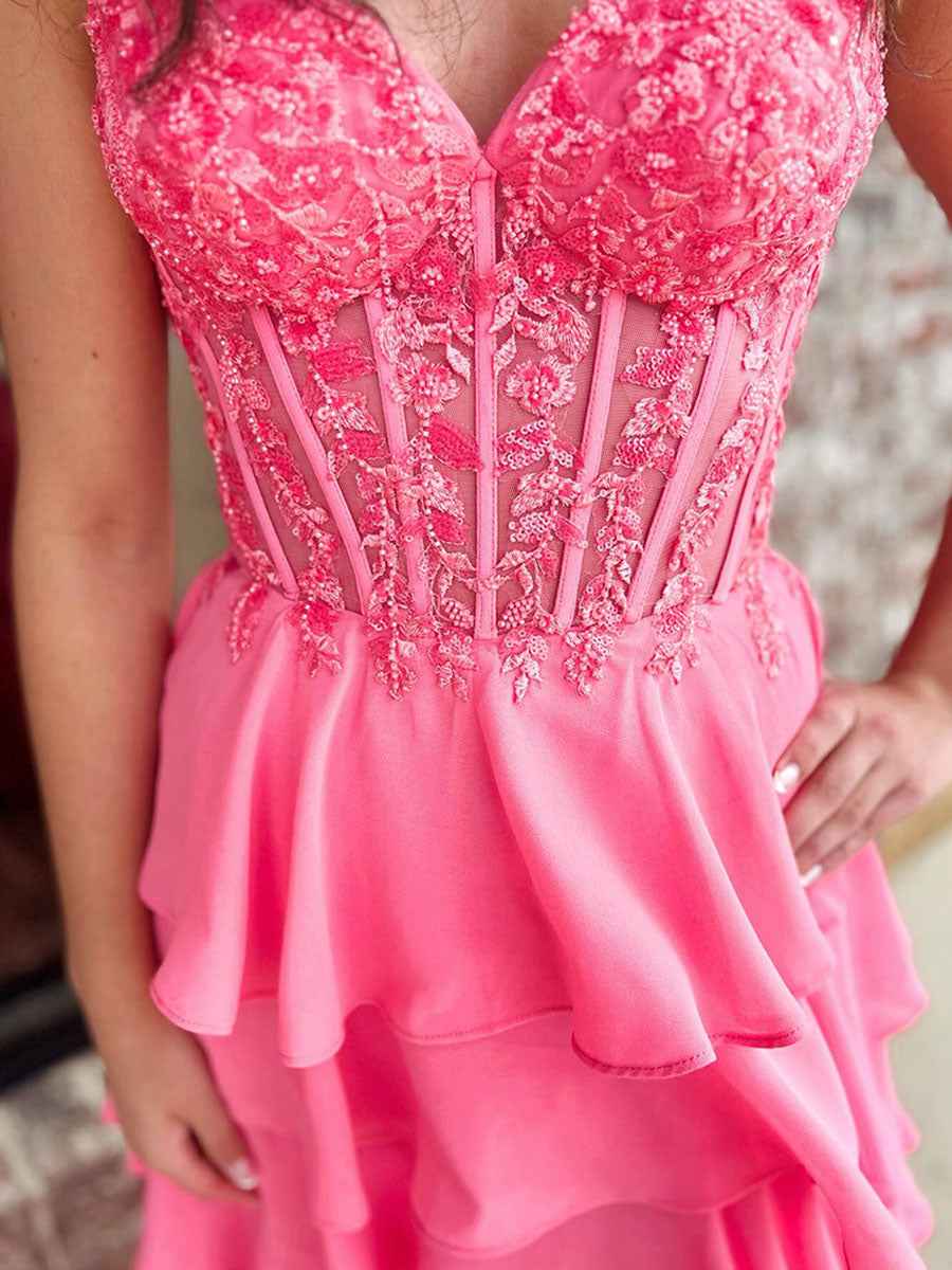 Sparkly Coral Sweetheart Tiered Long Prom Dress