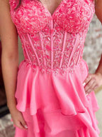 Sparkly Coral Sweetheart Tiered Long Prom Dress